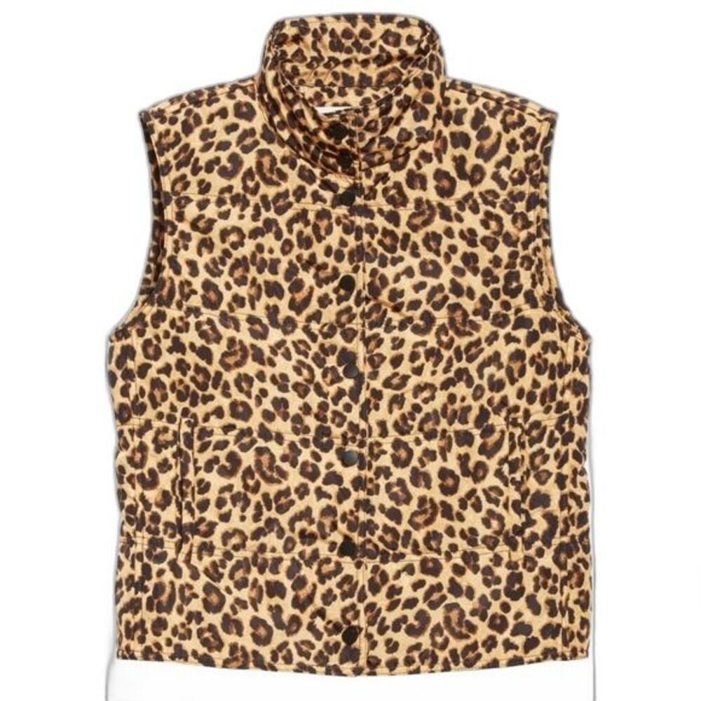 Veronica Beard Snap Front Puffer Vest Brown Leopard - Picture 3 of 10